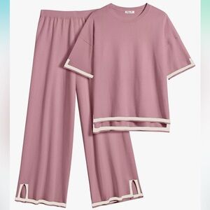 NEW Ekoauer Women’s 2 Piece Pink Sweater Set XS S Spring Lounge Wide Leg Pants